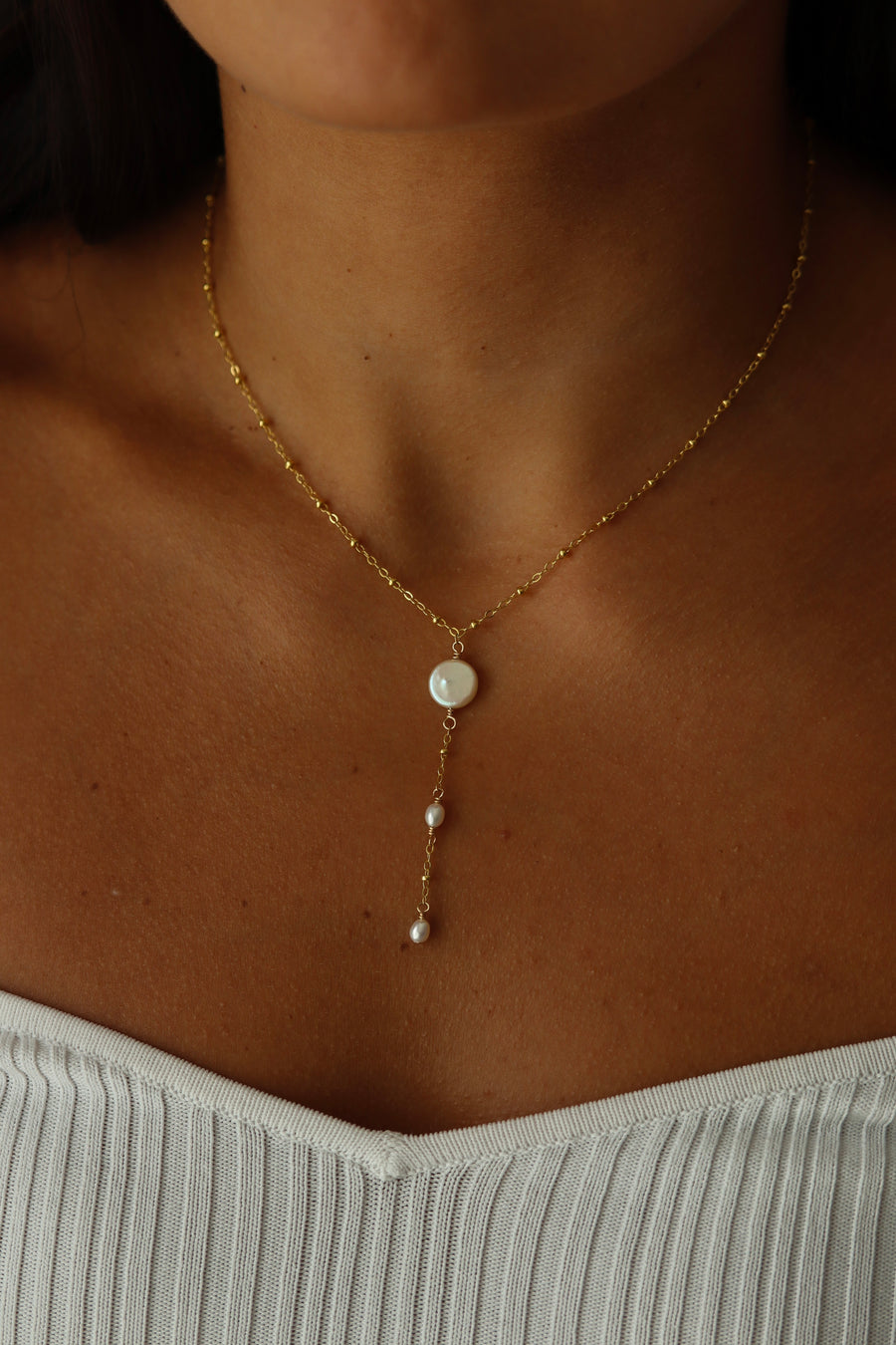 Coin Pearl Lariat Necklace