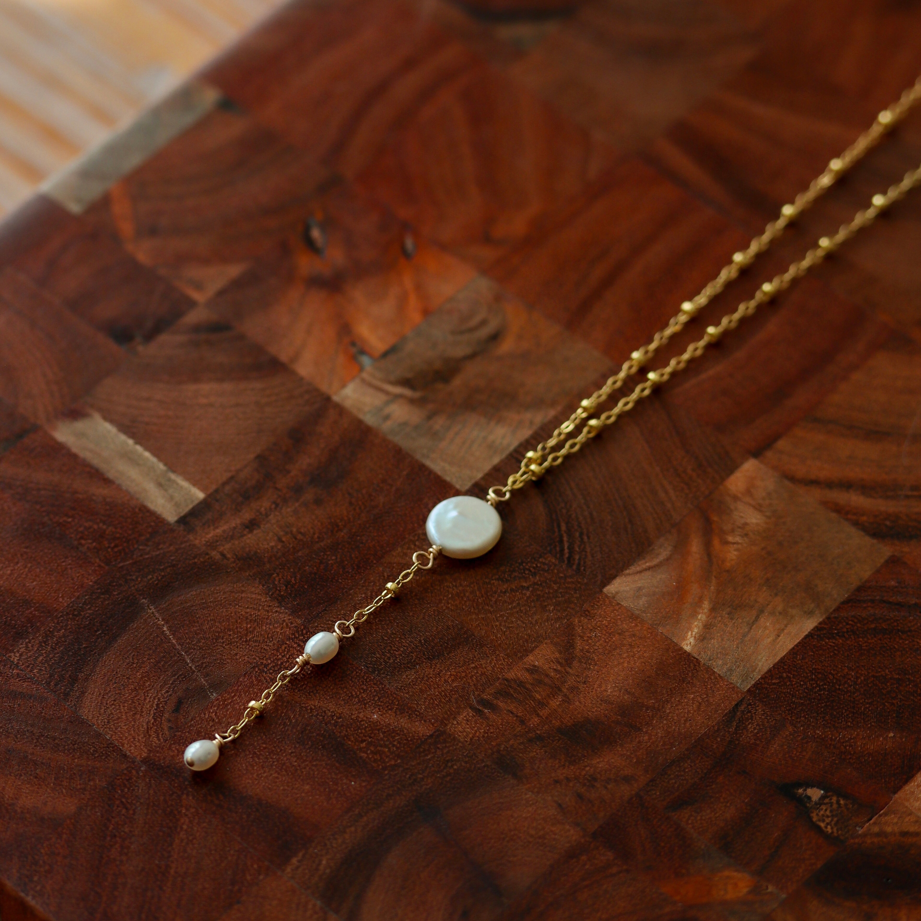 Coin Pearl Lariat Necklace